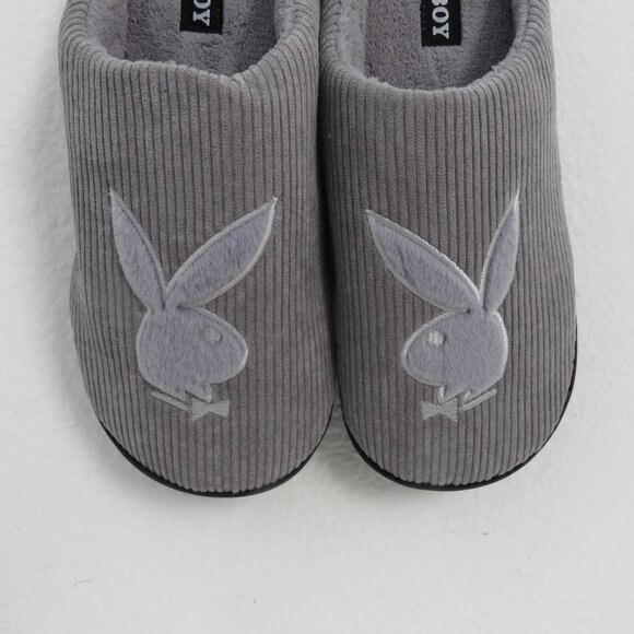 Playboy plush teddy Gray Corduroy slides Slippers Size L 11-12 - Picture 3 of 7